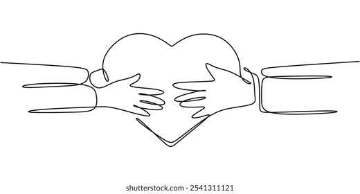 Dos manos acunando un corazón. Dibujo continuo de una línea que representa el concepto de relación en estilo minimalista.