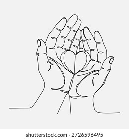 Zwei Hände, die eine Herzform kriechen, minimalistische Linien-Kunst-Illustration, die Liebe und Fürsorge symbolisiert.
