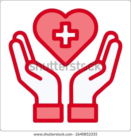 two hands cradling a heart symbol that contains a white cross. This icon signifies health, medical care, compassion, and well-being
