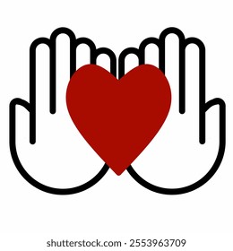 Two hands cradling a heart symbolize love, care, giving, and compassion. A simple icon representing affection, support, and charity.