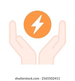 Two hands cradling an orange circle containing a white lightning bolt, symbolizing the safe and secure handling of energy. Vector illustration.