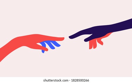 Two hands. The Creation of Adam. Design concept sign Creation of Adam. Silhouette hands of man and god. Modern flat illustration. Colorful contemporary art style. Vector Illustration