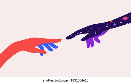 Two hands. The Creation of Adam. Design concept sign Creation of Adam. Silhouette hands of man and god, universe starry night dream background. Colorful contemporary art style. Vector Illustration