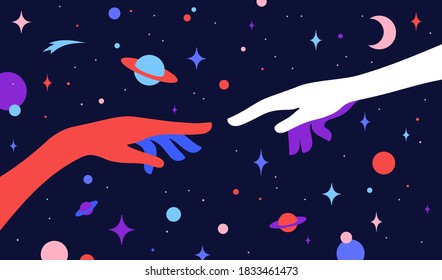 Two hands. The Creation of Adam. Design concept sign Creation of Adam. Silhouette hands of man and god, universe starry night dream background. Colorful contemporary art style. Vector Illustration