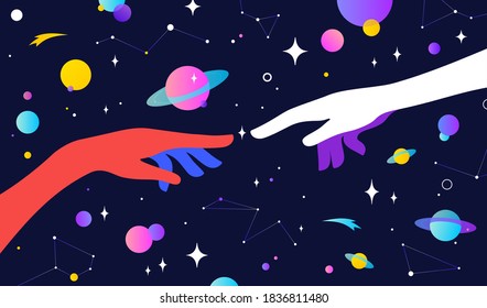 Two hands. The Creation of Adam. Design concept sign Creation of Adam. Silhouette hands of man and god, universe starry night dream background. Colorful contemporary art style. Vector Illustration