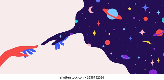 Two hands. The Creation of Adam. Design concept sign Creation of Adam. Silhouette hands of man and god, universe starry night dream background. Colorful contemporary art style. Vector Illustration