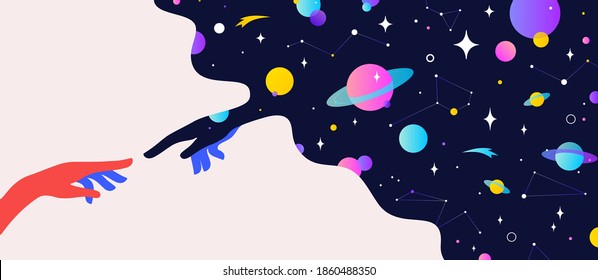 Two hands. The Creation of Adam. Design concept sign Creation of Adam. Silhouette hands of man and god, universe starry night dream background. Colorful contemporary art style. Vector Illustration