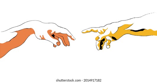 Two hands, Creation of adam Michelangelo vector hands yellow-orange