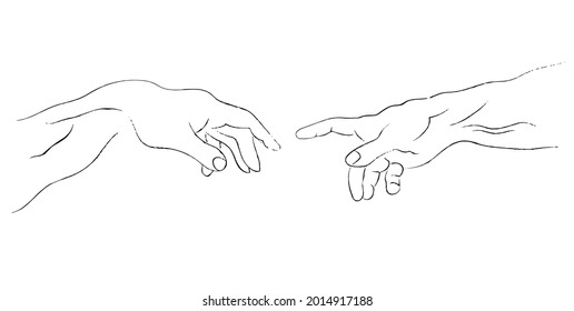 Two hands, Creation of adam Michelangelo vector hands line art horizontally