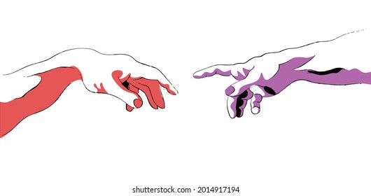 Two hands, Creation of adam Michelangelo vector hands purple, red