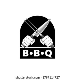 Two hands with crossed knife and fork. Vector sign in engrave style. B-B-Q or cooking stock vector illustration. 