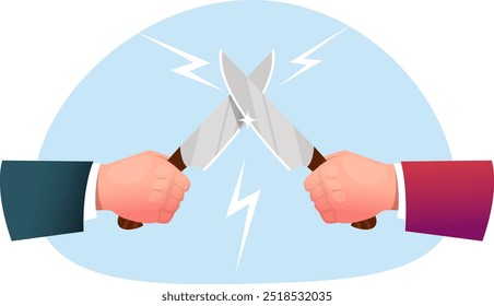 Dos manos cruzadas cuchillos, el concepto de conflicto, oposición o competencia en los negocios o la vida