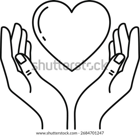 Two hands are cupped, supporting a heart shape, symbolizing care and love. The image is a line drawing.