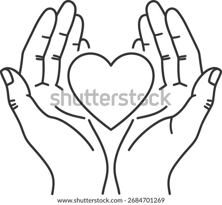 Two hands are cupped together, holding a heart symbol in the center, representing care, love, and protection.