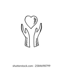 Two hands cupping a heart, doodle cartoon care concept logo vector.