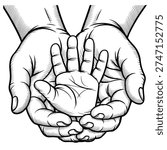 Two hands cupping a small bird detailed engraving style illustration