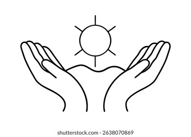 Two hands cupping a sun line drawing simple design