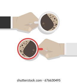 Two hands with cups of coffee.Flat vector illustration isolated