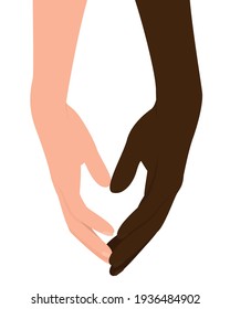 Dos manos, con piel oscura y piel blanca sobre un fondo blanco aislado. No hay racismo. Dos manos como símbolo de hermandad. Ilustración plana del vector