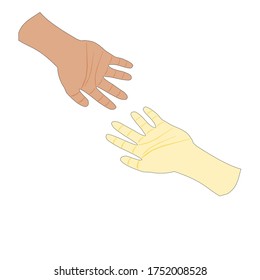 two hands with dark skinned and bright skinned isolated on white background. no racism illustration Eps 10 vectors. two hands as a brotherhood symbol.