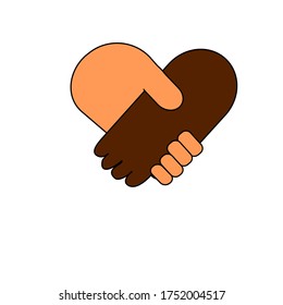 two hands with dark skinned colour and fair skinned is shaking hands by forming a heart. no racism illustration vector. symbol of brotherhood illustration vector
