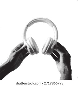 Dos manos que sostienen delicadamente un par de auriculares blancos sobre la oreja contra un fondo blanco brillante
