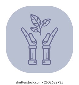 Two hands depicted in minimalist design, gently holding green plant leaves. Growth and nature, suitable for eco-friendly concepts