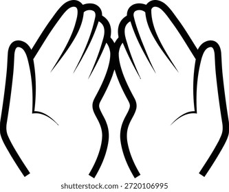 Se representan dos manos con las palmas abiertas y mirando hacia arriba, un gesto común para la oración, la ofrenda o la recepción. La ilustración es un simple contorno negro sobre un fondo blanco.