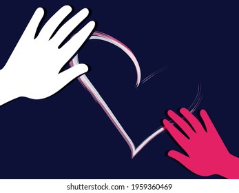 Two hands of different colors near the heart. Mother's hand and child's hand