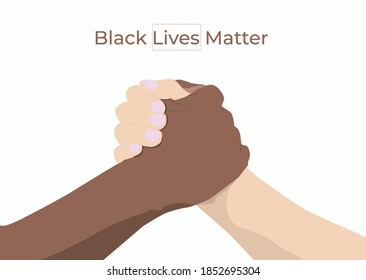 Two hands of different nationalities support each other. Cooperation against racism, the concept of equality. Fight for your rights. Black lives matter.