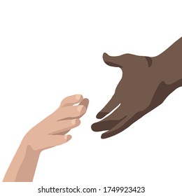 Two hands, different race, friendship between different races. Black lives matter, we are in this together, equal people, human rights, activist  vector illustration.