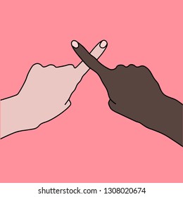 Two hands of different skin color cross fingers