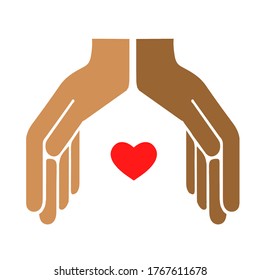 Two hands with different skin color touch each other in the form of a house or roof, with the heart isolated on a white background. Position of the hands colored flat icon for web and mobile design