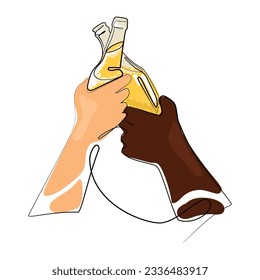 Two hands of different skin color holding two beer bottles.Clinking glasses.Party celebration in a pub.Vector illustration of two drunk person drinking beer on white.African American hand and European