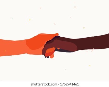 two hands of different skin colors hold each other. The concept of unity and the fight against racism. Hand drawn vector illustration