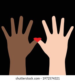 Two hands of different skin colors, the thumbs crossing and forming a heart - interracial love, racism, equality concept - Black Lives Matter - Vector Illustration