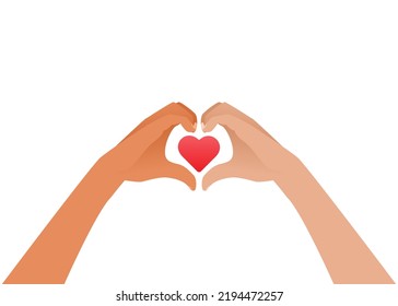 Two Hands Of Different Skin Colors Hold A Heart, Vector Flat Illustration On A White Isolated Background. The Concept Of Tolerance, Race Relations And Equality.