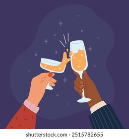 Two hands different skin colors hold glasses of champagne. Man and woman clink glasses for a festive toast and cheers. Couple on New Year and Christmas party. Flat illustration for celebrating holiday