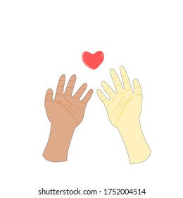 dos manos con la piel diferente se colocan juntas para alcanzar el símbolo de amor aislado en el fondo blanco. no hay vectores de ilustraciones racistas