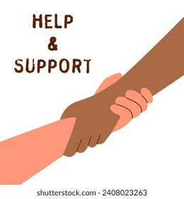 Two hands of different skin tone hold each other. Support and assistance concept.