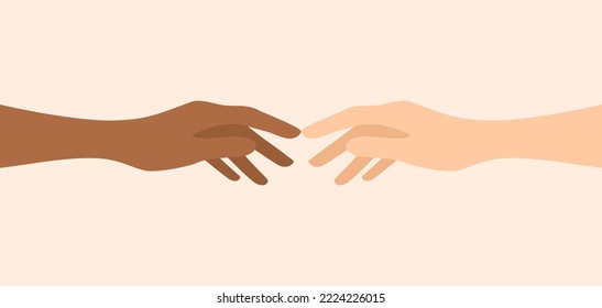 Two hands of different skin tones reaching towards each other. Flat vector illustration