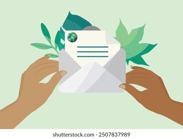Two hands of different skin tones hold an open envelope with a letter and globe icon, surrounded by green leaves. Sustainability newsletter	