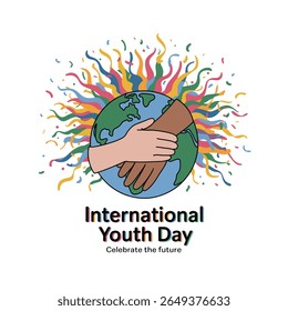 Two hands of different skin tones clasping around a stylized globe, surrounded by a burst of colorful abstract wavy lines and confetti against a white background.