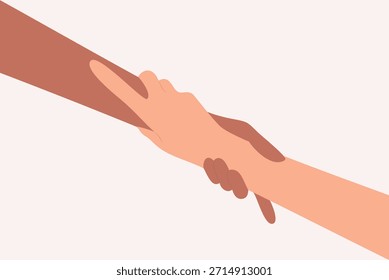 Duas mãos de diferentes tons de pele segurando os pulsos um do outro. Ajudando o conceito de mão. Ilustração de vetor plano