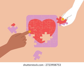 Duas mãos de tons de pele diferentes montam um quebra-cabeça de coração vermelho. Uma ilustração calorosa e minimalista simbolizando colaboração, cura e amor compartilhado
