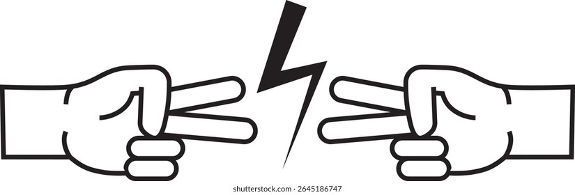 Two hands display the "scissors" gesture, facing each other with a lightning bolt between them.
