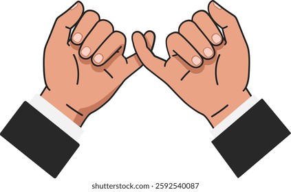 Two hands with distinct skin tones perform a pinky promise, symbolizing trust and friendship in a minimalist vector illustration.