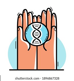 Dos manos con ícono de ADN protegiendo y mostrando cuidado vectorial ilustración de estilo plano aislado en blanco, carisma y defensa para el concepto de salud, investigación médica.