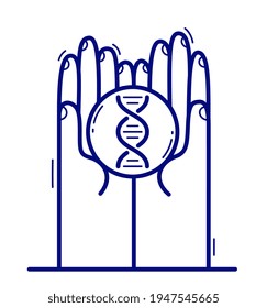 Two hands with DNA icon protecting and showing care vector flat style illustration isolated on white, cherish and defense for health concept, medical research.