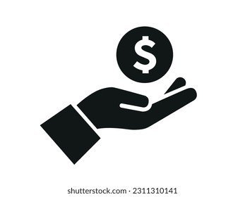 Two hands with dollar sign coin. Coin in hands finance icon. Financial vector illustration isolated on white.